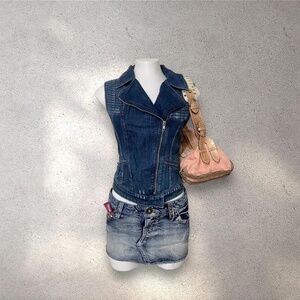 Vintage GUESS Denim Moto Vest | Asymmetrical Zip Biker Jacket | Y2K 2000s